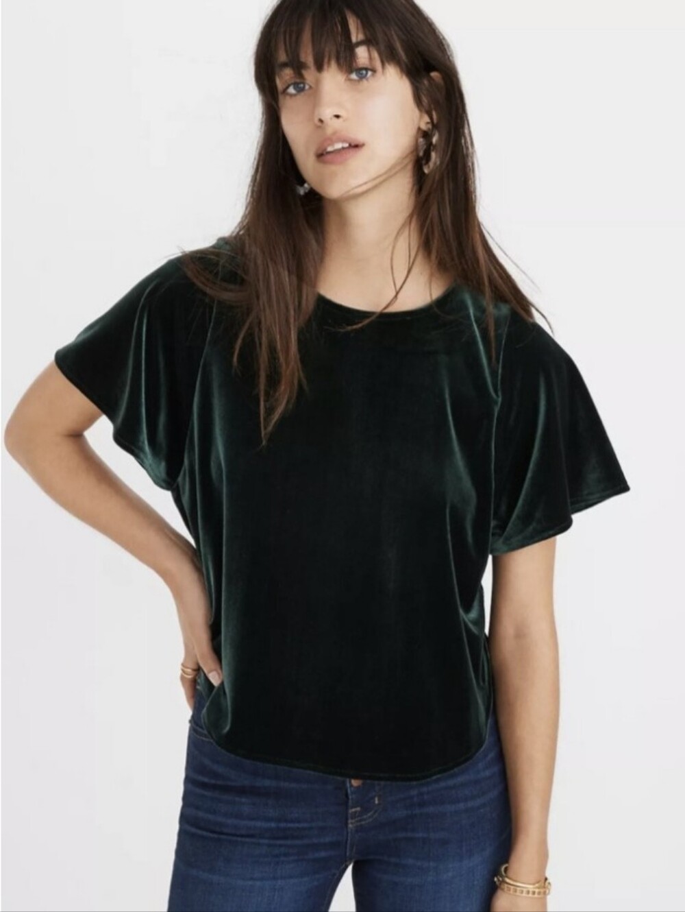 Madewell green velvet flutter sleeve top